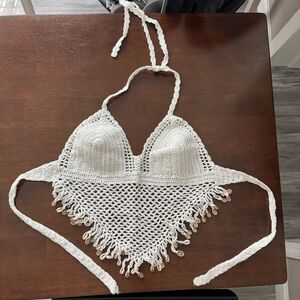 White Crochet Halter Top with Fringe and SeaShells